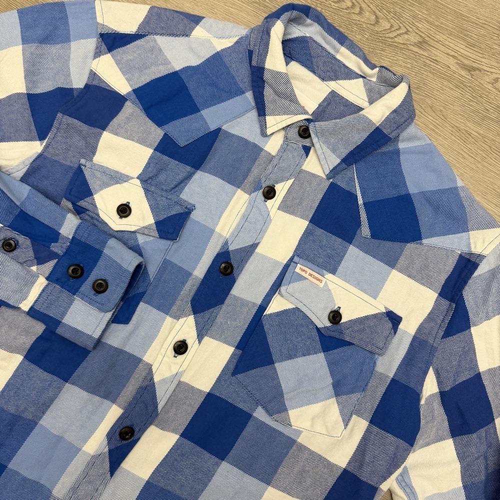 Topo Designs Flannel Shirt Men's Large Blue White Plaid Button Up Cotton Outdoor